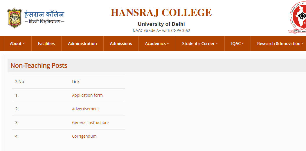 Hansraj College Recruitment 